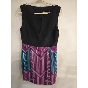 Trina Turk Dress Black Purple Blue Sleeveless Geometric Silk Blend Career